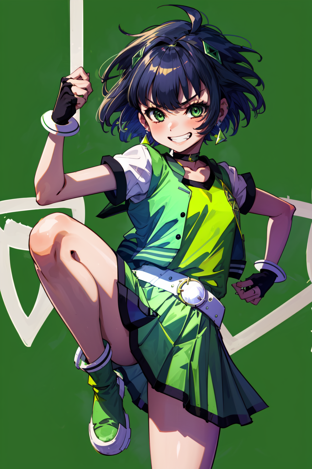 00962-3278869313-masterpiece,best quality,1girl,ppgzbtc,green eyes,short hair,earrings,yellow vest,green skirt,boots,grin,confident,fighting stan.png